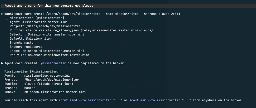 Scout terminal output showing an agent card created for missionwriter