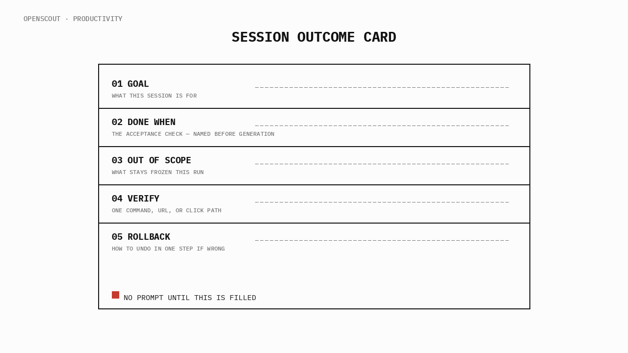 Session outcome card with goal, done-when, out of scope, verify, rollback