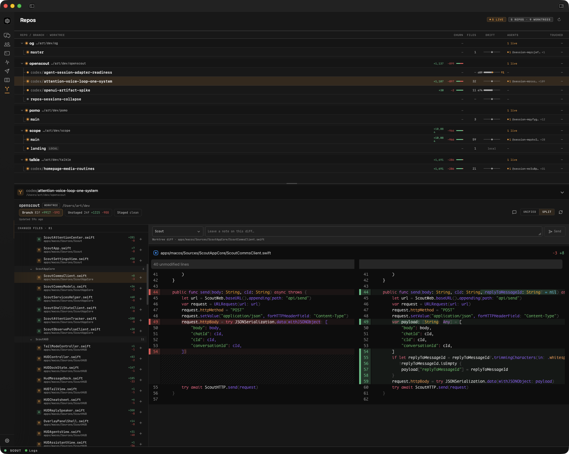 Scout native Mac app showing the Repos surface with live worktrees, agent activity, changed files, and a split diff.