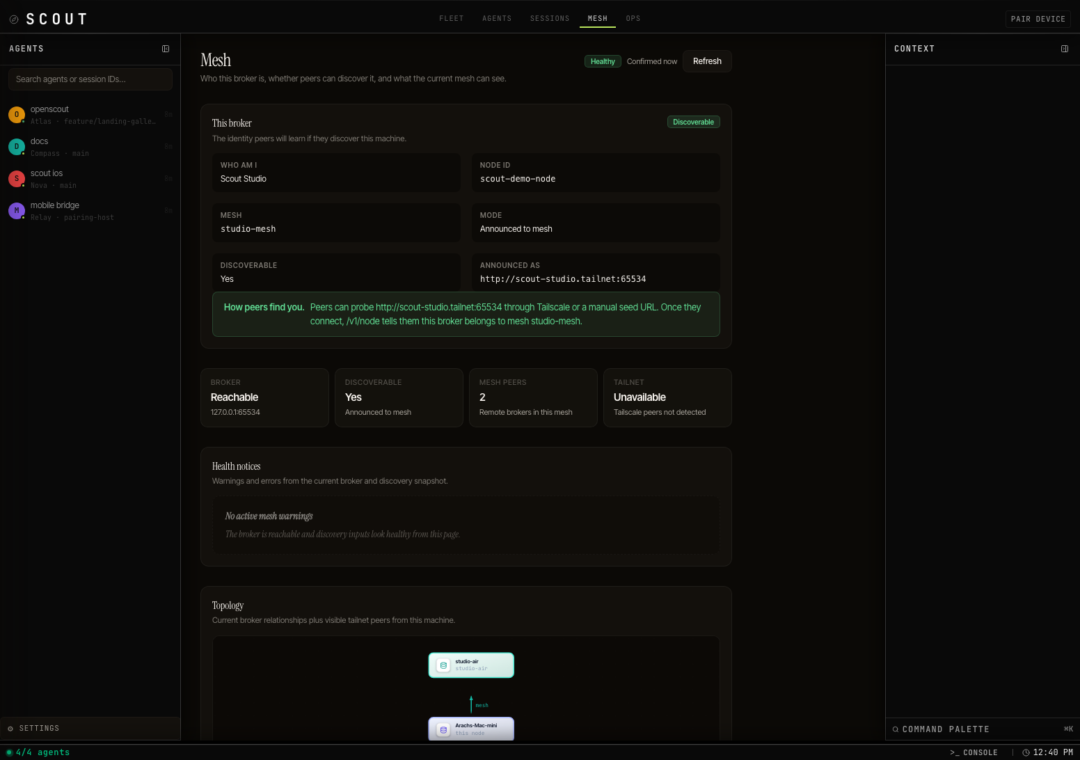 Scout web mesh topology and broker health view.