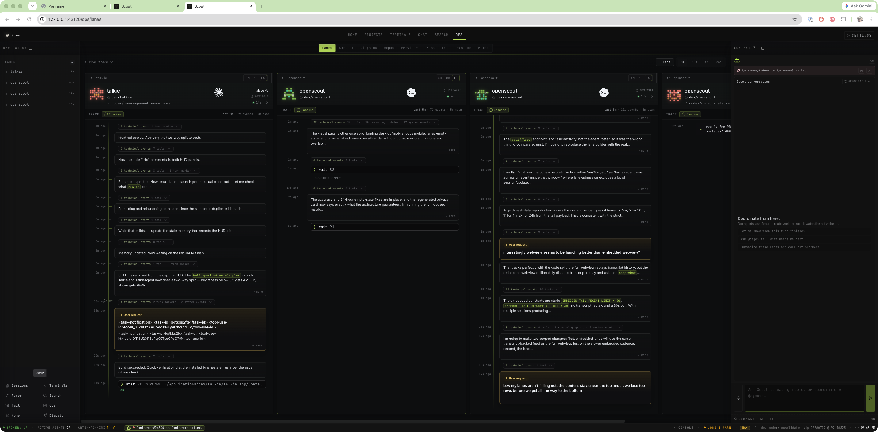 Scout web Ops lanes in Chrome showing live agent lanes, trace cards, and coordination context.