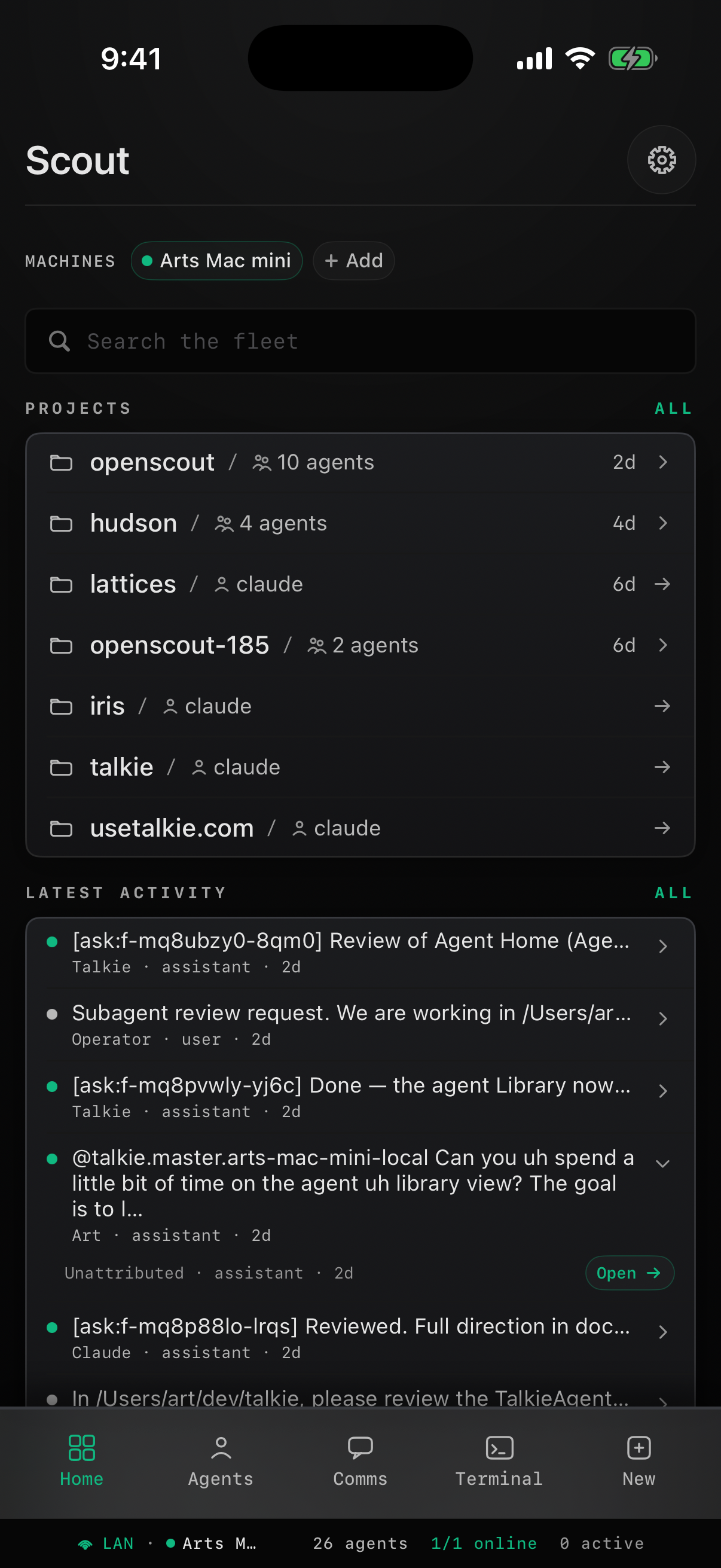 Scout iOS app — fleet home on iPhone: machines, projects, and latest activity.